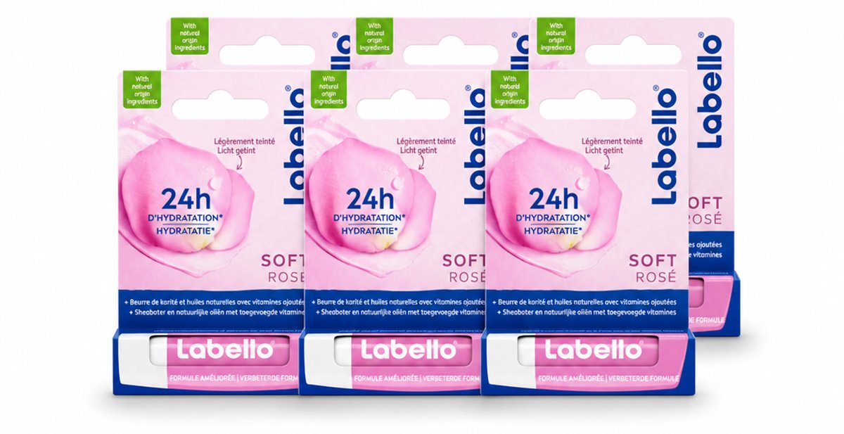 6 x Labello – Lippenbalsem – Soft Rosé – Lippenbalsem – 24H Hydratatie - Voordeelverpakking - 6 stuks