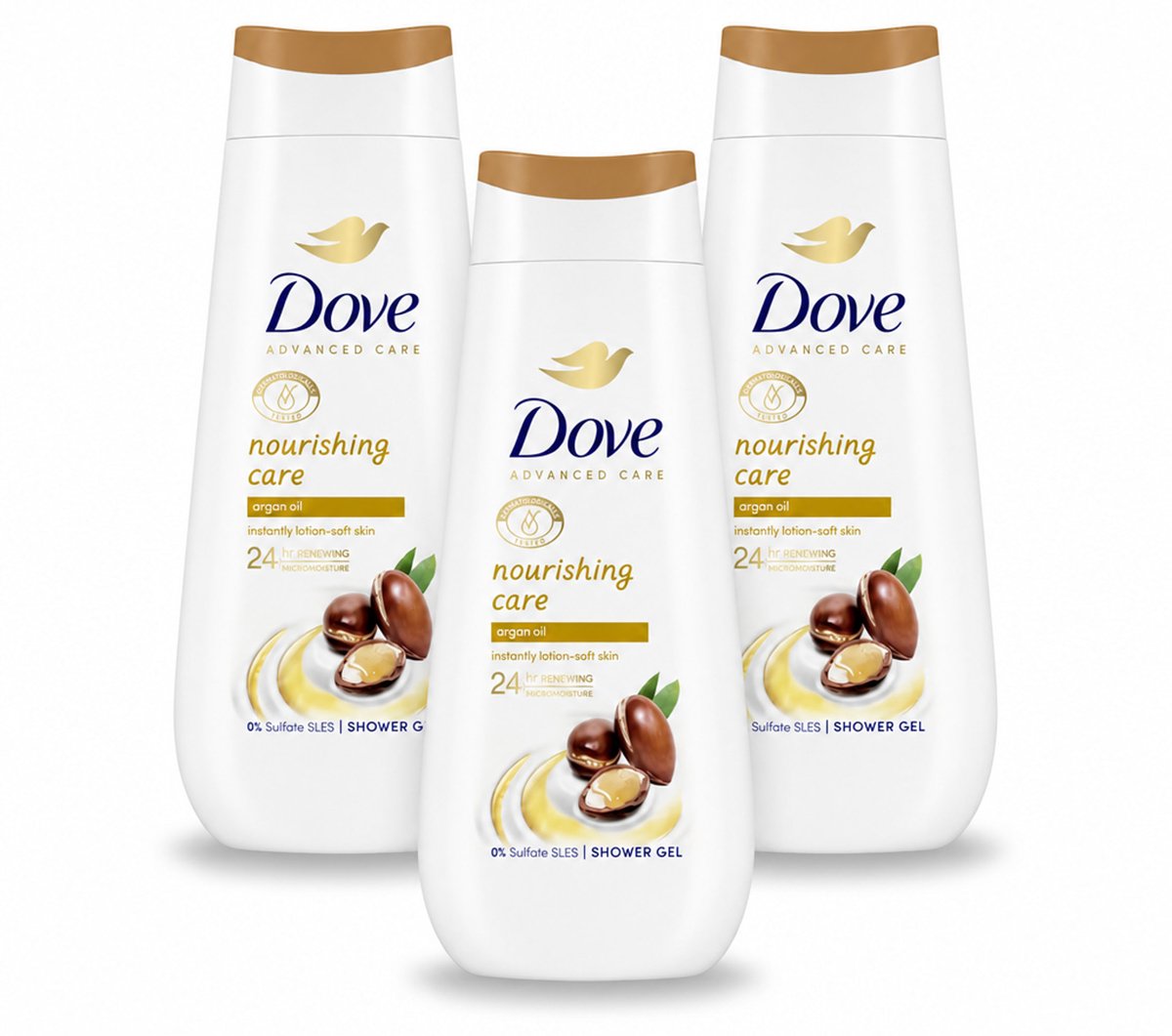 3 x Dove Douchecrème - Nourishing Care - Arganolie - 225 ml - Voordeelverpakking - 3 stuks