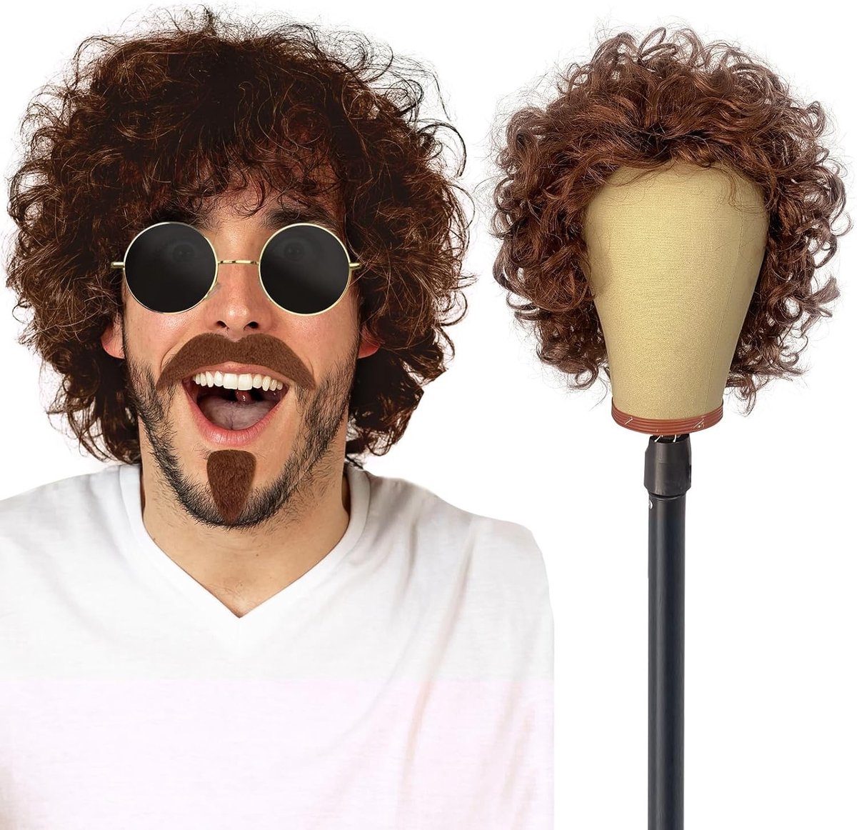 Bruine Krullende Perucque voor Mannen met Snor en Zonnebril, Retro Afro Kostuum voor Feestjes en Thema-avonden