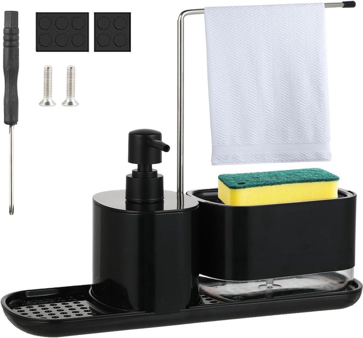 2-in-1 Afwasmiddel Dispenser Set met Spons Houder voor Keuken, Perfect voor Handafwas en Vaatwasser, Navulbaar en Geschikt voor Vaatwasmiddel, Zwart