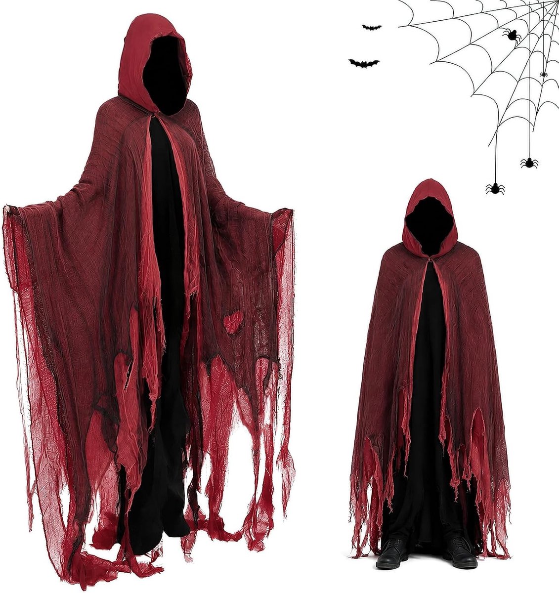Spokkostuum voor volwassenen met capuchon, griezelige Halloween-cape voor feest en verkleedpartijen