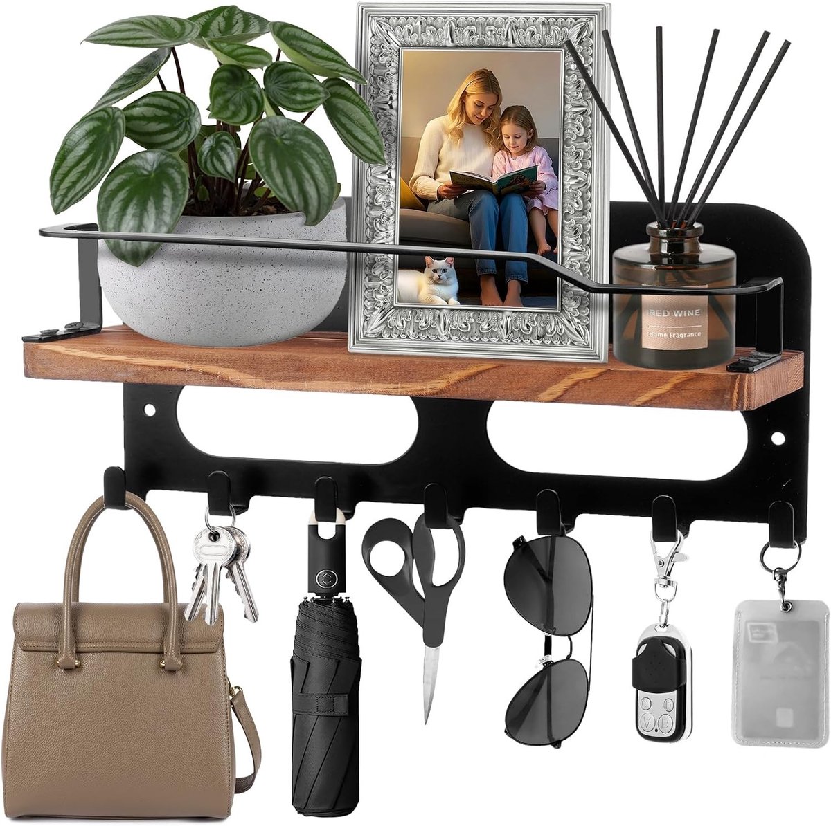 Houten sleutelplank met extra opbergruimte voor sleutels, accessoires en decoratie