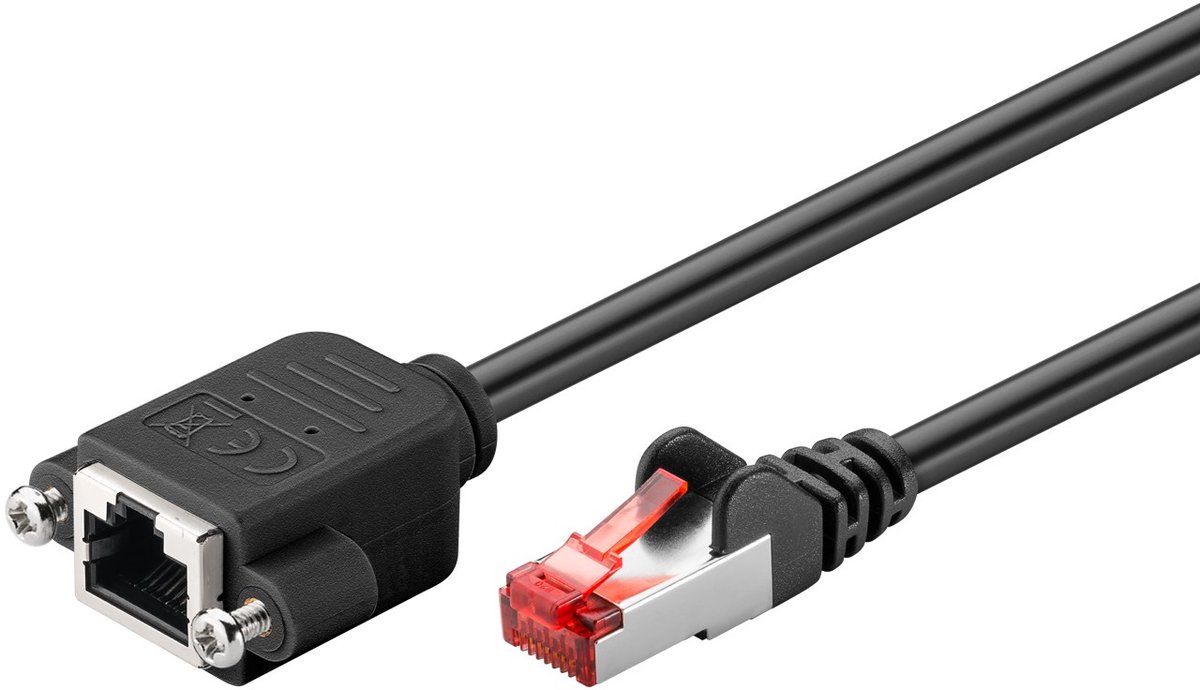 Goobay CAT 6 verlengkabel, S/FTP, zwart, kopergeleider, halogeenvrije kabelmantel (LSZH), met montageflens, 1 m