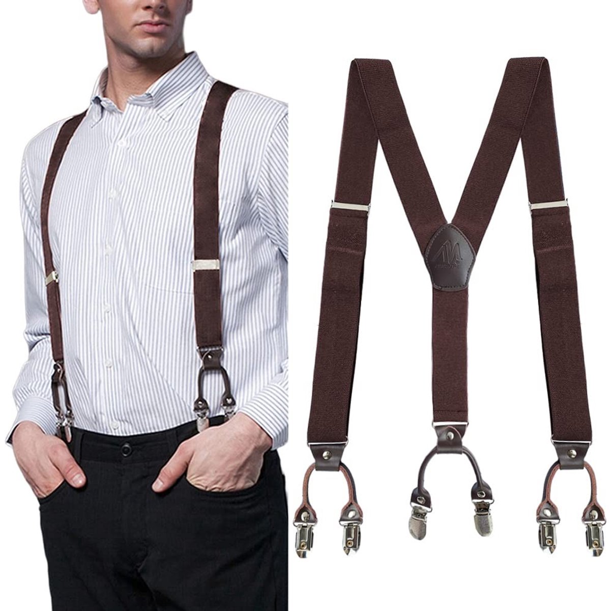 Elzusha - Suspenders voor mannen - Verstelbaar met 6 metalen clips - Bruin