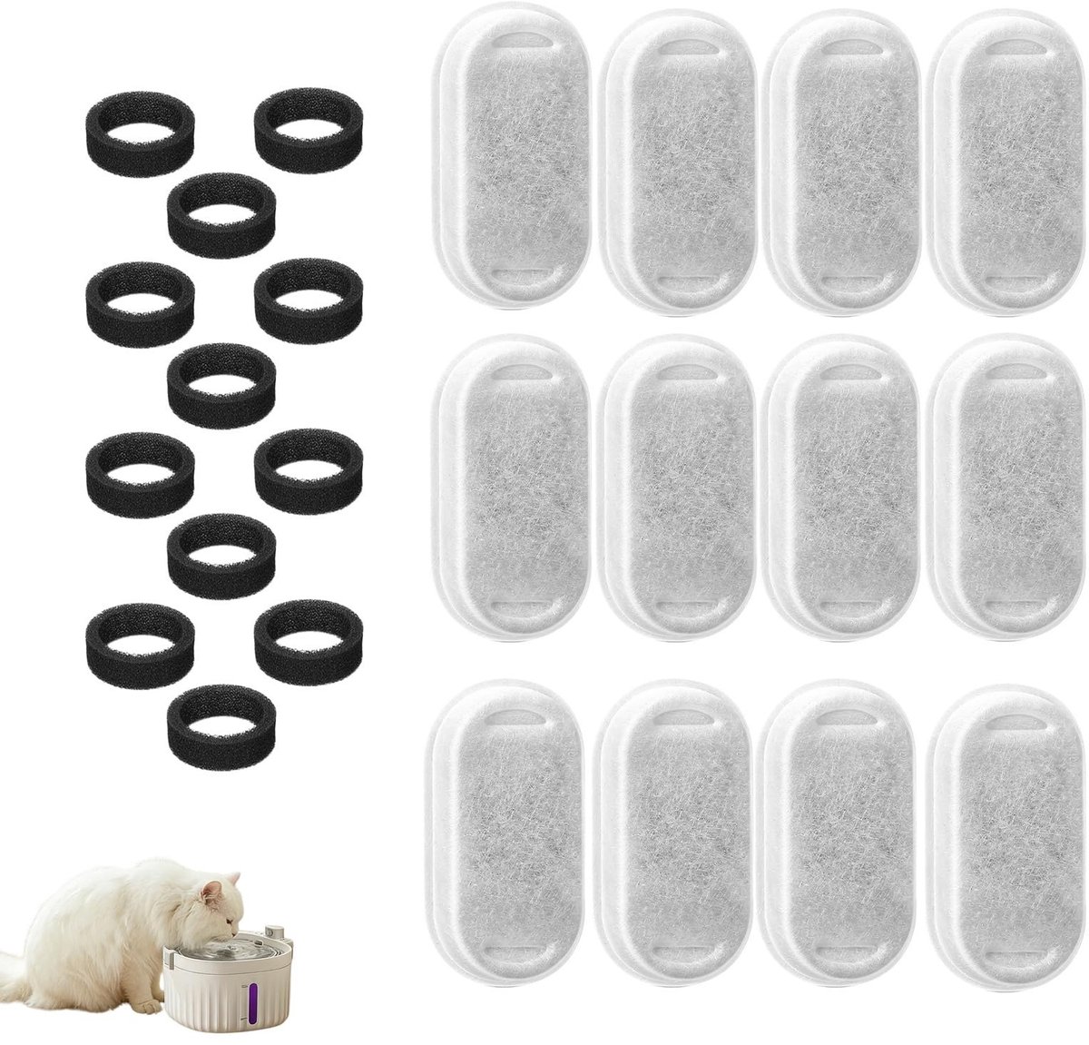 Elzusha - Vervangfilters voor Katten Waterfontein, 12 Filters en 12 Sponsen