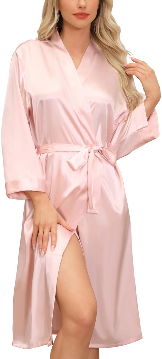 Elzusha - Dames Satin Kimono Dressing Gown - Roze