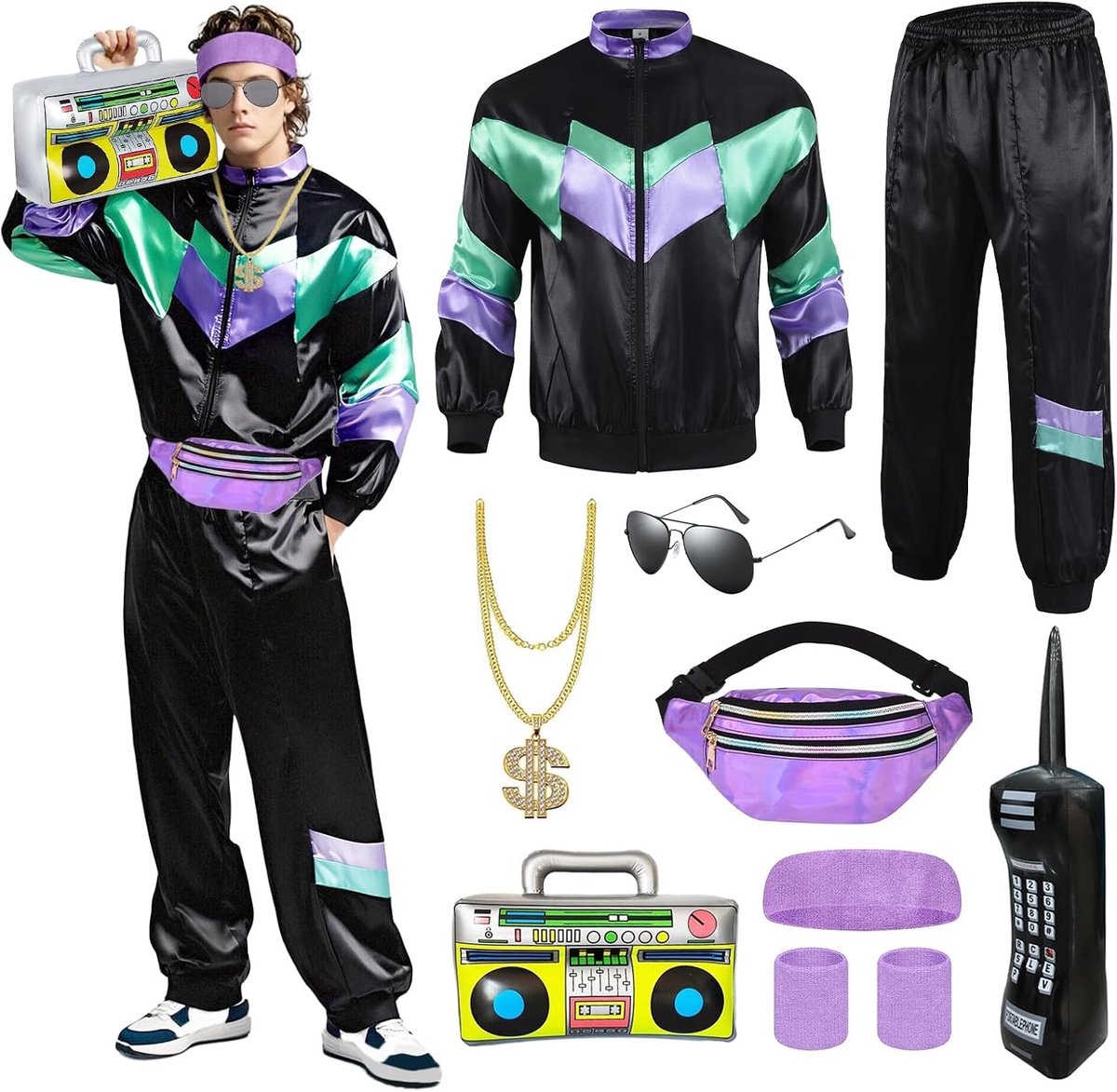 90s 80s Verkleedkleding voor Mannen en Vrouwen, Zwart Retro Kostuum voor Feestjes en Evenementen
