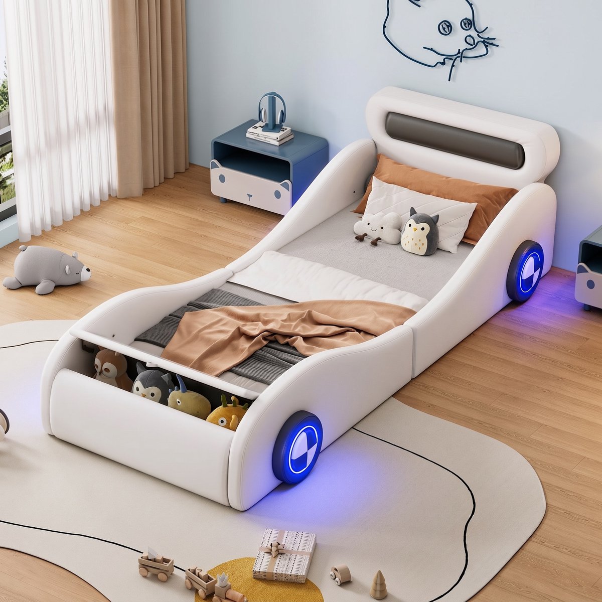 Sweiko Kinderbed - 90x200 cm - Autovorm - LED-verlichting - Opbergruimte - PU-materiaal - Zonder matras - Wit