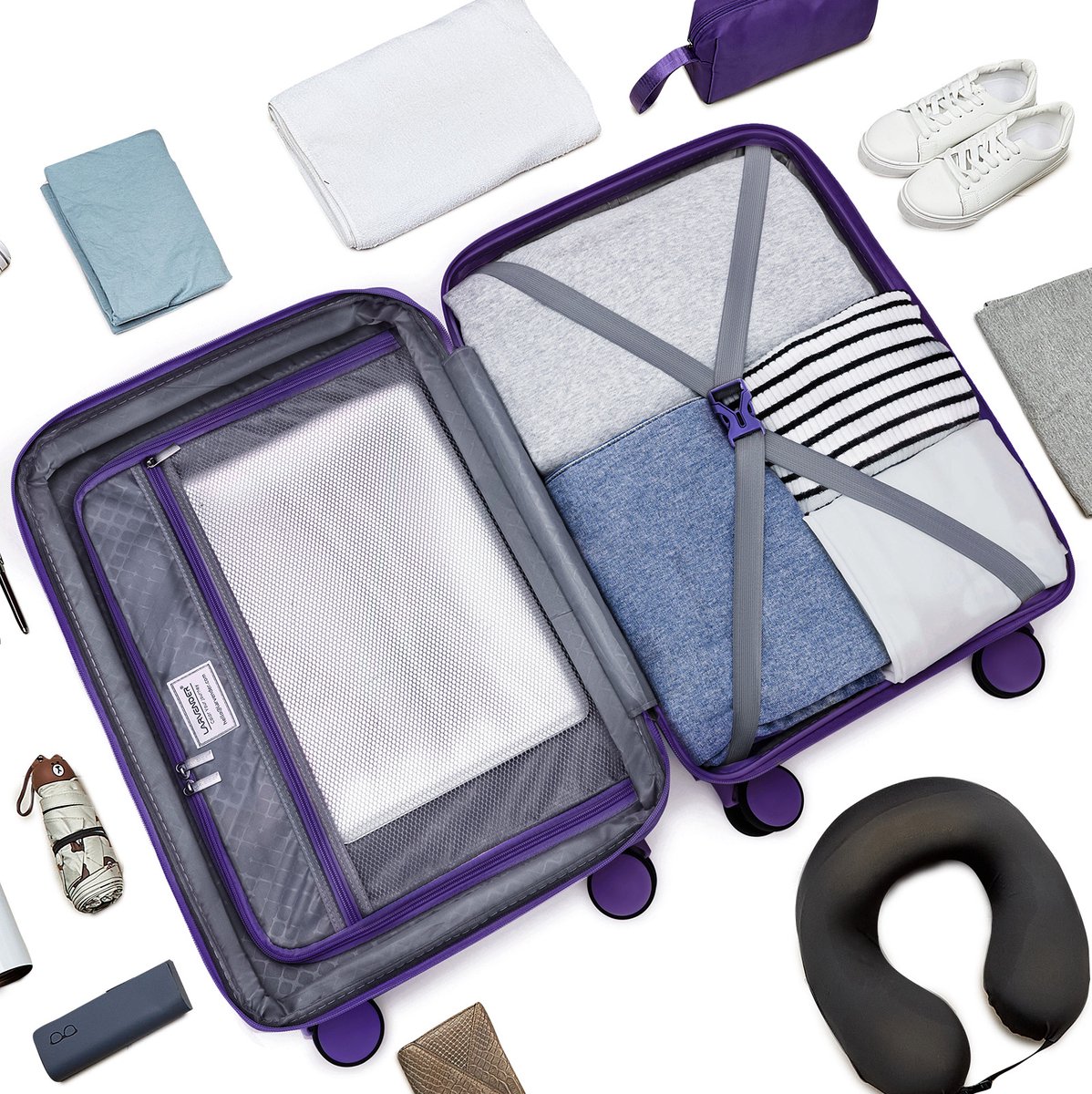 REDOM - Kofferset 3-delig - Hardcase - Polypropyleen - Uitbreidbare cabinekoffer - 8 spinnerwielen - Cijferslot - Donkerpaars