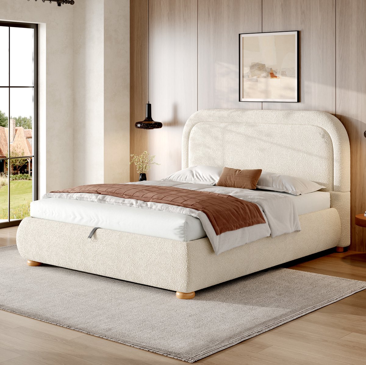 REDOM - Gestoffeerd bed - Hydraulische opbergruimte - Lattenbodem - Gestoffeerd hoofdbord - Bouclé stof - Tweepersoonsbed - Beige - 216 x 157 x 97 cm