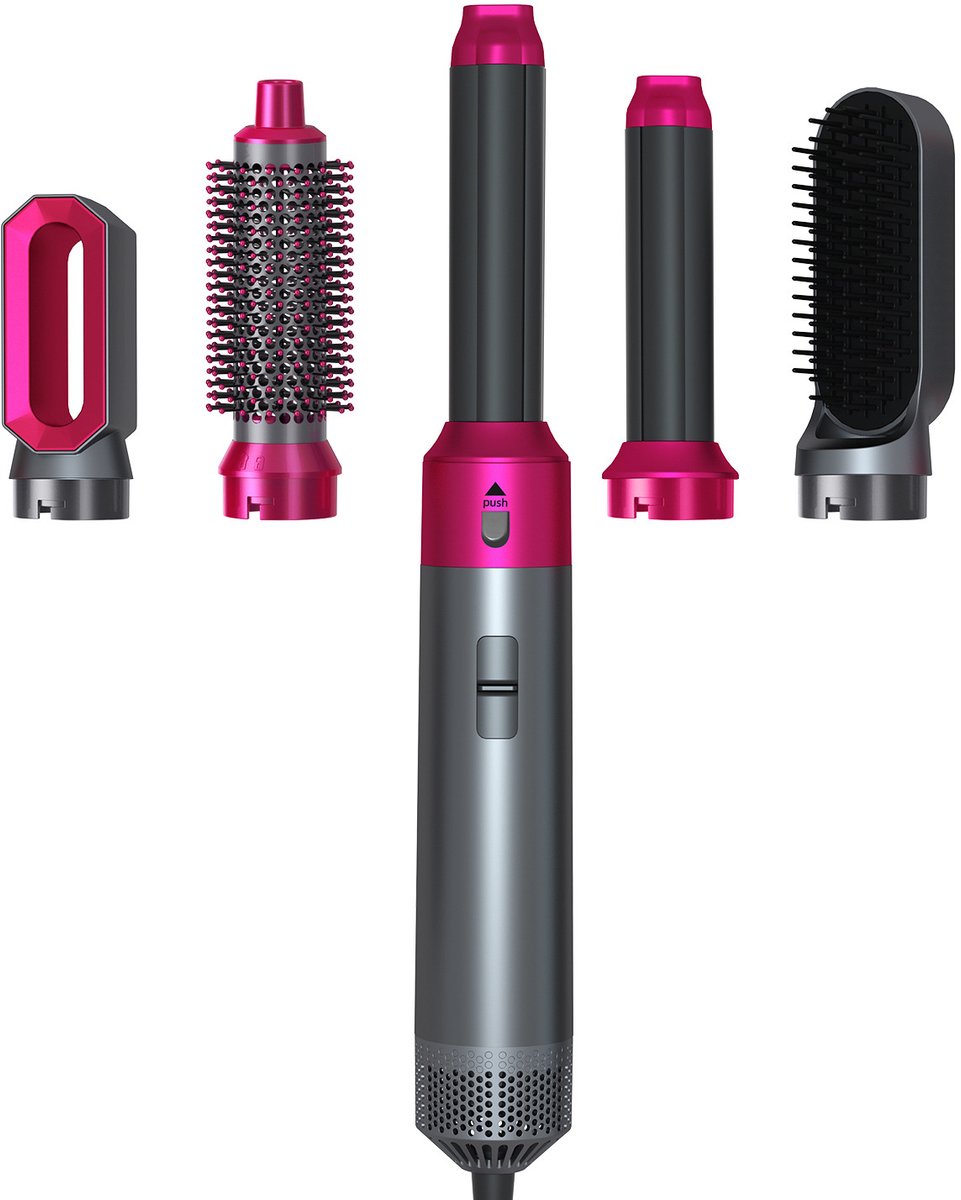 5‑in‑1 Airstyler Multistyler Föhnborstel, Haarstyler met 5 Verwisselbare Opzetstukken, Krultang en Stijlborstel, Geschikt voor Kort en Lang Haar（grijs）