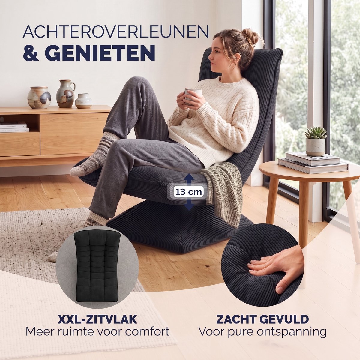 Casaria Casaria Cord Zwarte Relaxstoel - afbeelding 3