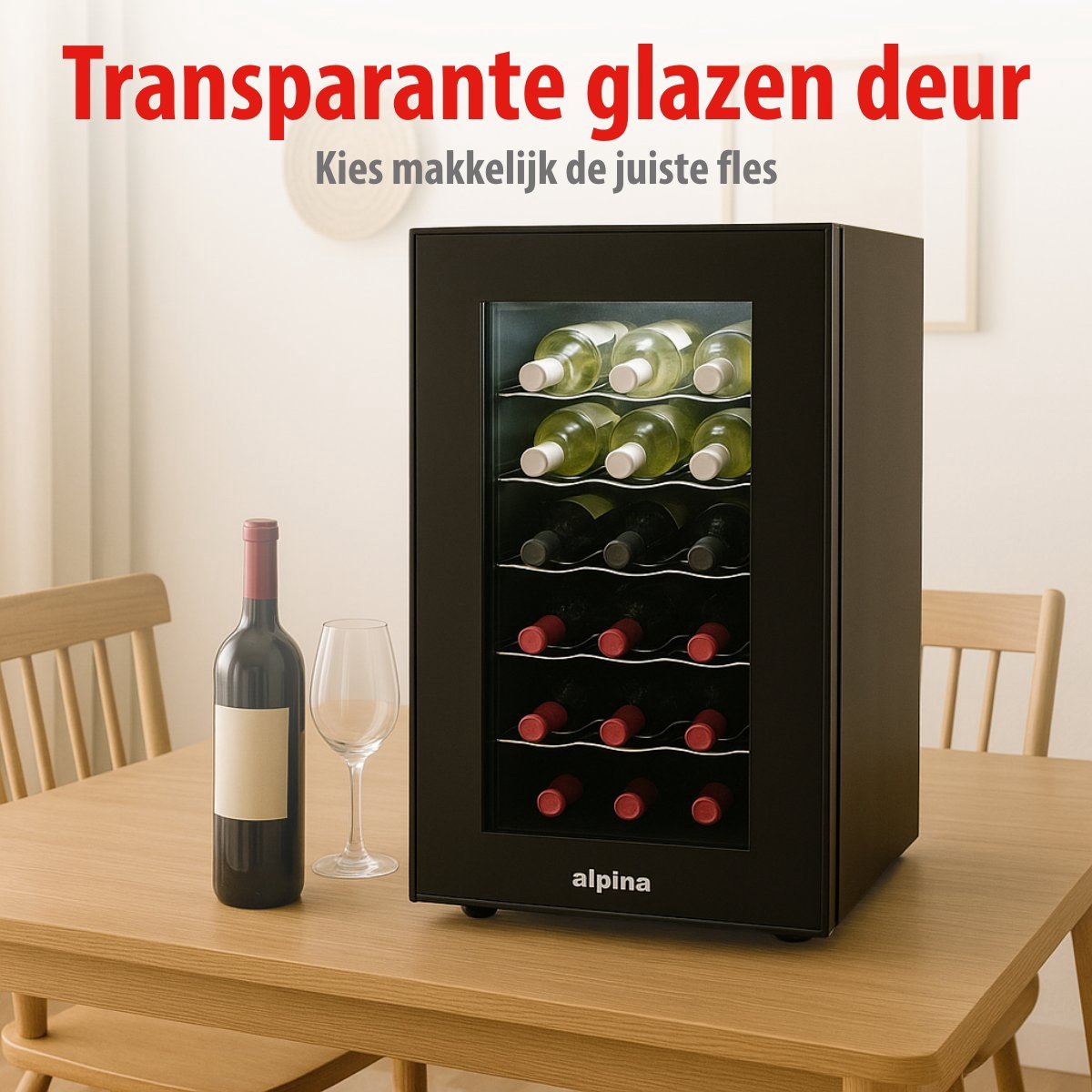 alpina Wijnkoelkast 50L – Wijnklimaatkast Vrijstaand voor 18 Flessen – Wijnkoeler zonder Compressor – Wijnkoelkast met Glazen Deur en LED Verlichting – 66 x 34,5 x 49cm – Zwart – foto 8