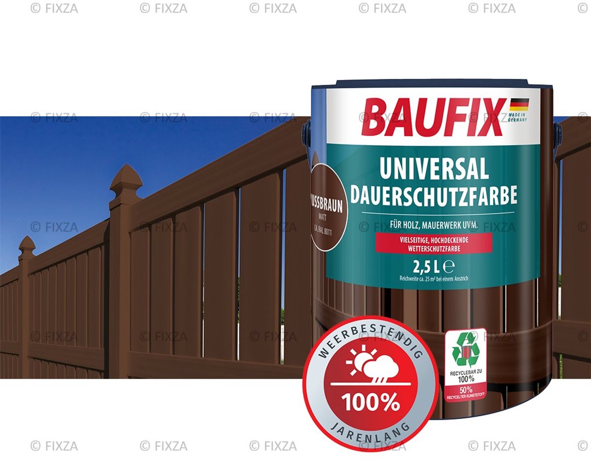 BAUFIX Dekkende Houtbeits Buiten – Notenbruin – Universele Weerbestendige Houtverf – Voor Schutting, Tuinhuis & Gevel – Kleur naar keuze – Inhoud naar keuze – Hoogdekkend