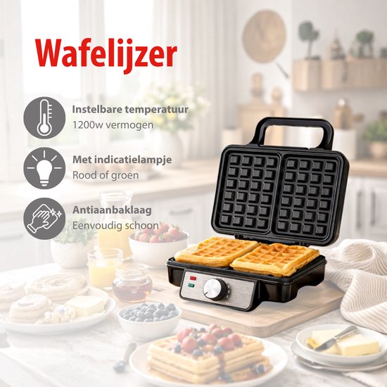 alpina Wafelijzer 1200W - Wafelijzer voor 2 Wafels met Instelbare Temperatuur - Wafelmaker met Antiaanbaklaag en Indicatielampjes - Wafel Machine voor Thuisgebruik van Alpina — afbeelding 2