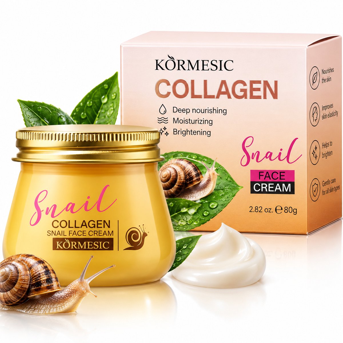 KORMESIC Snail Collagen Gezichtscrème 80 g | Slakkencrème | Collageen Crème | Hydraterende Gezichtscrème | Slakkenmucine | Face Cream | Dag- en Nachtcrème | Huidverzorging | Gezichtsverzorging | 80ML