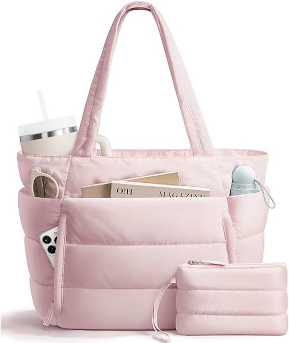 Gewatteerde tote tas voor vrouwen - grote capaciteit werk tas, pluizige wolken schoudertas, sport‑en fitness handtas, past voor 15,10 inch laptop met binnenvakken-Lotusroze
