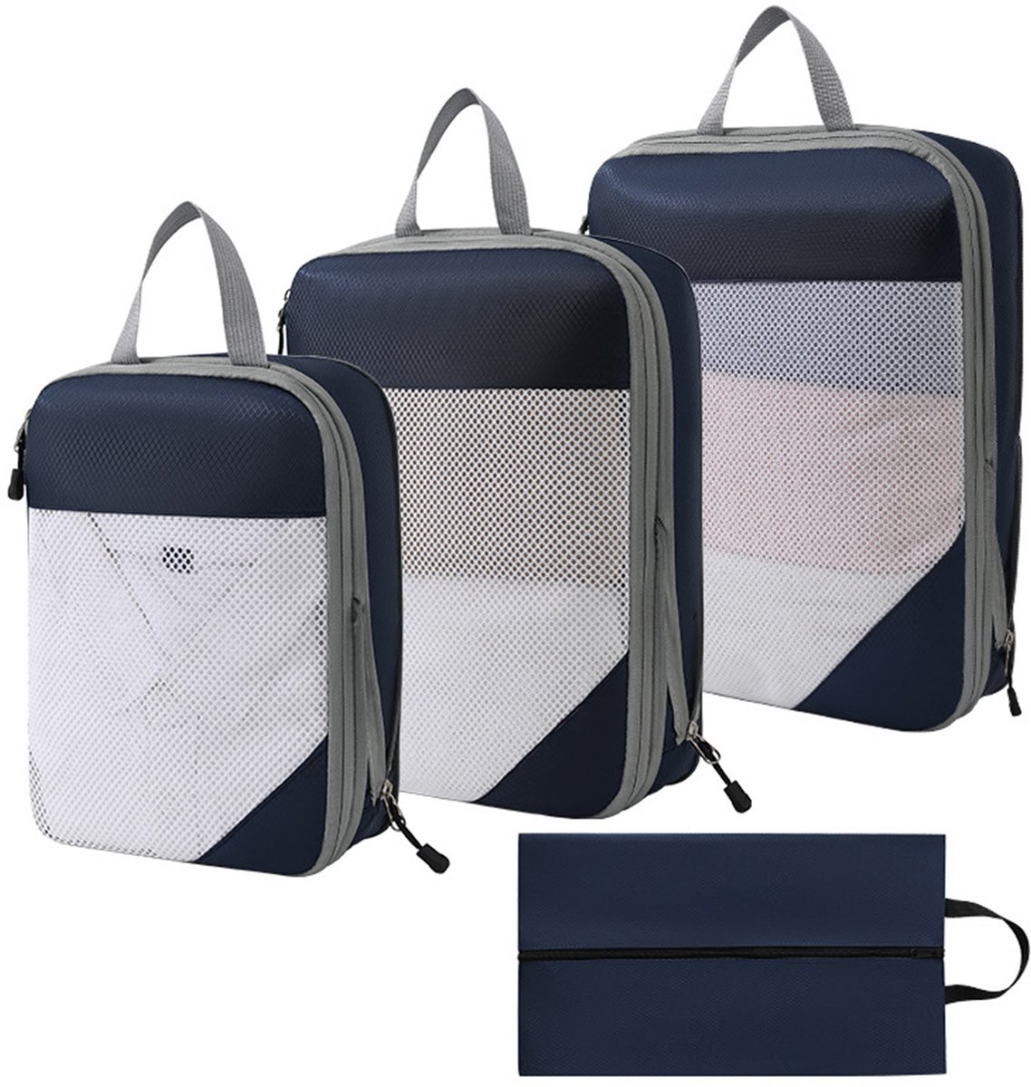 MODFU Compressiezak 4-delig – Ruimtebesparende kledingopbergzak voor reis – Opbergset met 3 cubes en schoenenzak – Waterafstotend nylon – Marineblauw