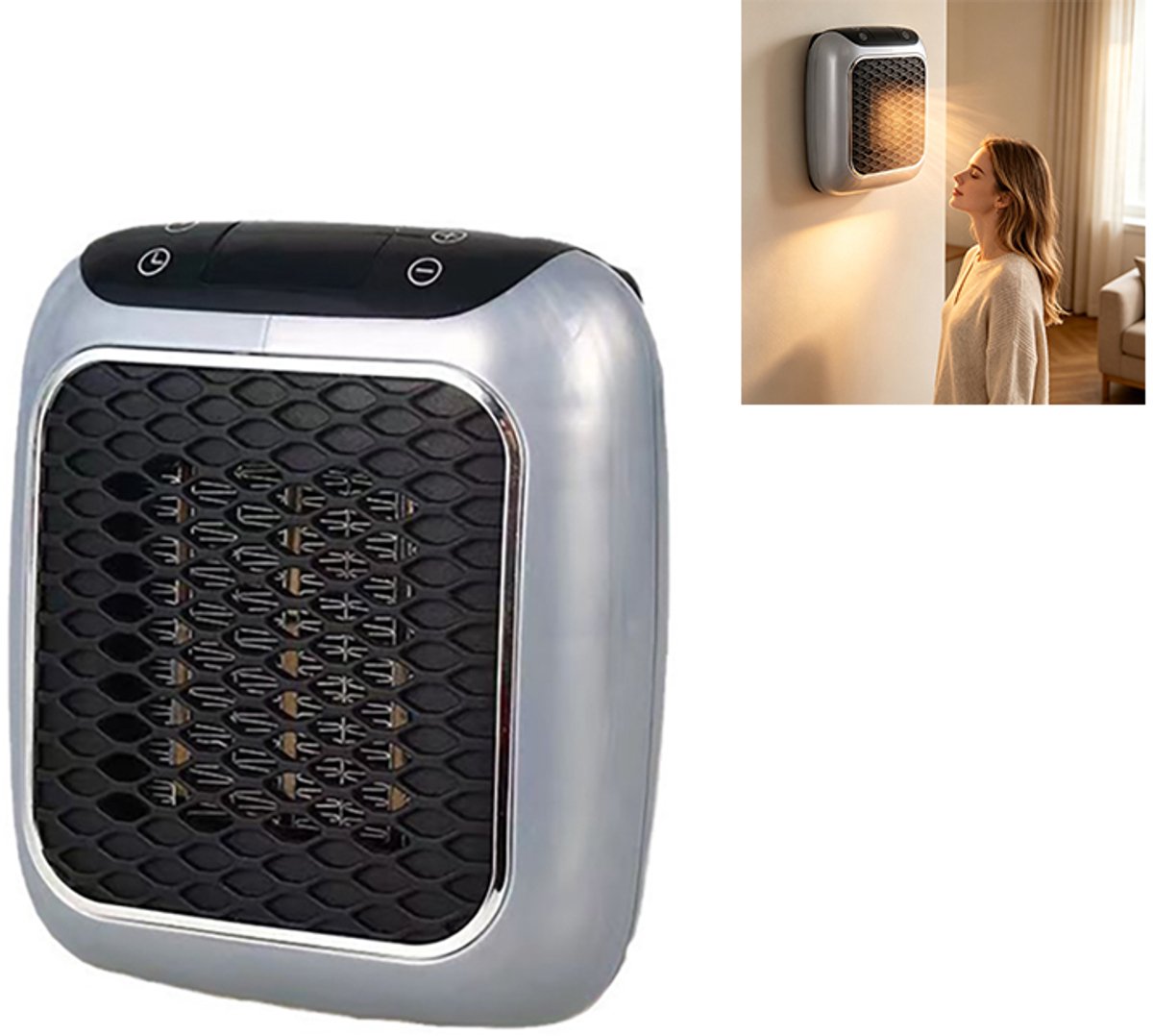 Draagbare bureaukachel - Wandkachel - Bureauventilatorkachel - Ventilatorkachel - 13 x 13 cm - Stekker aan de achterkant - Met afstandsbediening - Geschikt voor woonkamers, slaapkamers en andere binnenruimtes - Zwart, grijs