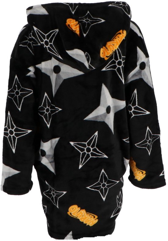 Zwarte hoodie met capuchon met Naruto Shuriken-print en zachte witte voering. Met gele 'NARUTO'-tekst. Achterkant.