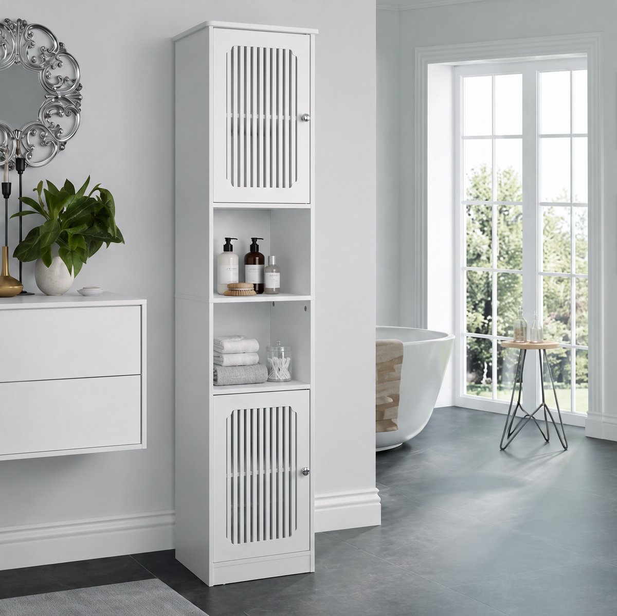 DESMIU Badkamerkast - Smalle Hoge Opbergkast Met Verstelbare Planken En Lamellendeuren - Staand Voor Badkamer - MDF - Wit - 36x30x163 Cm