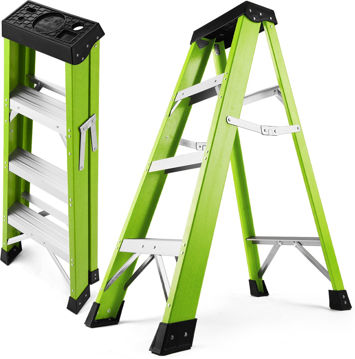 Stapeladder 3-tredige dubbelzijdige opvouwbare glasvezel - 150kg draagvermogen - geïsoleerd voor elektrische werkzaamheden - antislip voeten - groene kleur - dubbelzijdig gebruik