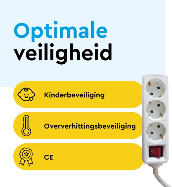 Wit 3-voudig stopcontactblok met kinderveiligheid, oververhittingsbeveiliging en CE-markering.