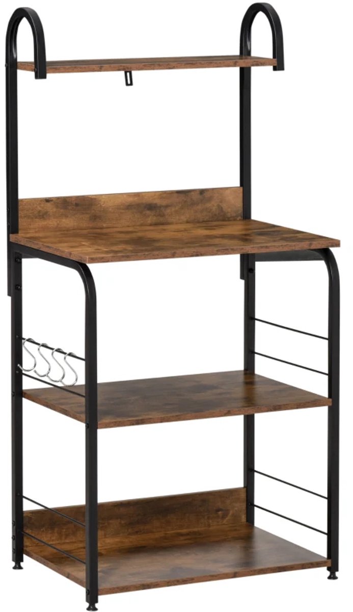Keukenonderkast - Keukenplank Met 3 Planken En 4 Haken - Staand Magnetronrek - Voor Keuken En Eetkamer - Rustiek Bruin - 60 x 40 x 125 cm
