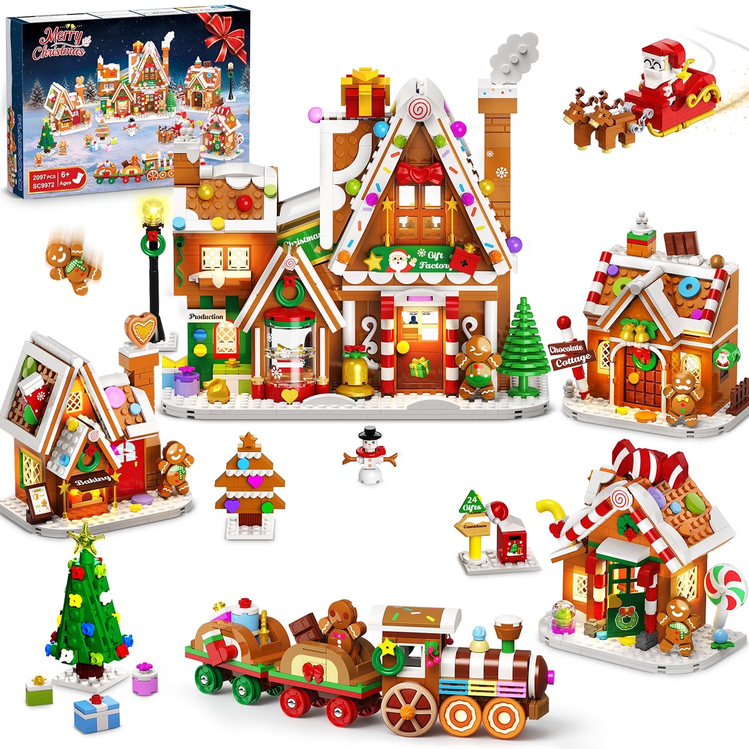 PLAXSOON Kerst Peperkoekdorp Cadeaufabriek Bouwpakket met LED – 2097 Delen – 3,6mm Mini – Transportband & Trein – Spleegoed Voor Kinderen 12+