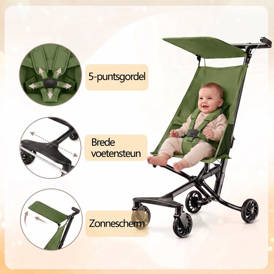 Lichtgewicht Buggy & Reisbuggy - Compact inklapbaar Kinderwagen - Opvouwbaar Wandelwagen - Tot 22 kg Draagkracht - Stabiel 4-Wiel Design & Anti-Schok - Ideaal voor Camping & Auto - Oersterk Aluminium Frame - Voor kinderen van 1、2、3、4、5、6 jaar -Groen — afbeelding 3