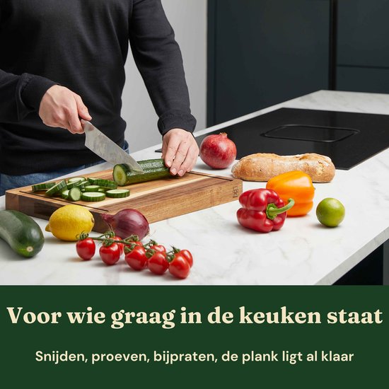 Bikolo® Houten Snijplank Acaciahout Extra Dik - Hakblok - Grote Borrelplank - Serveerplank - Tapasplank - Met Handvaten, Sapgeul & Serveerkanaal — cadeau in Kookcadeaus - foto 2