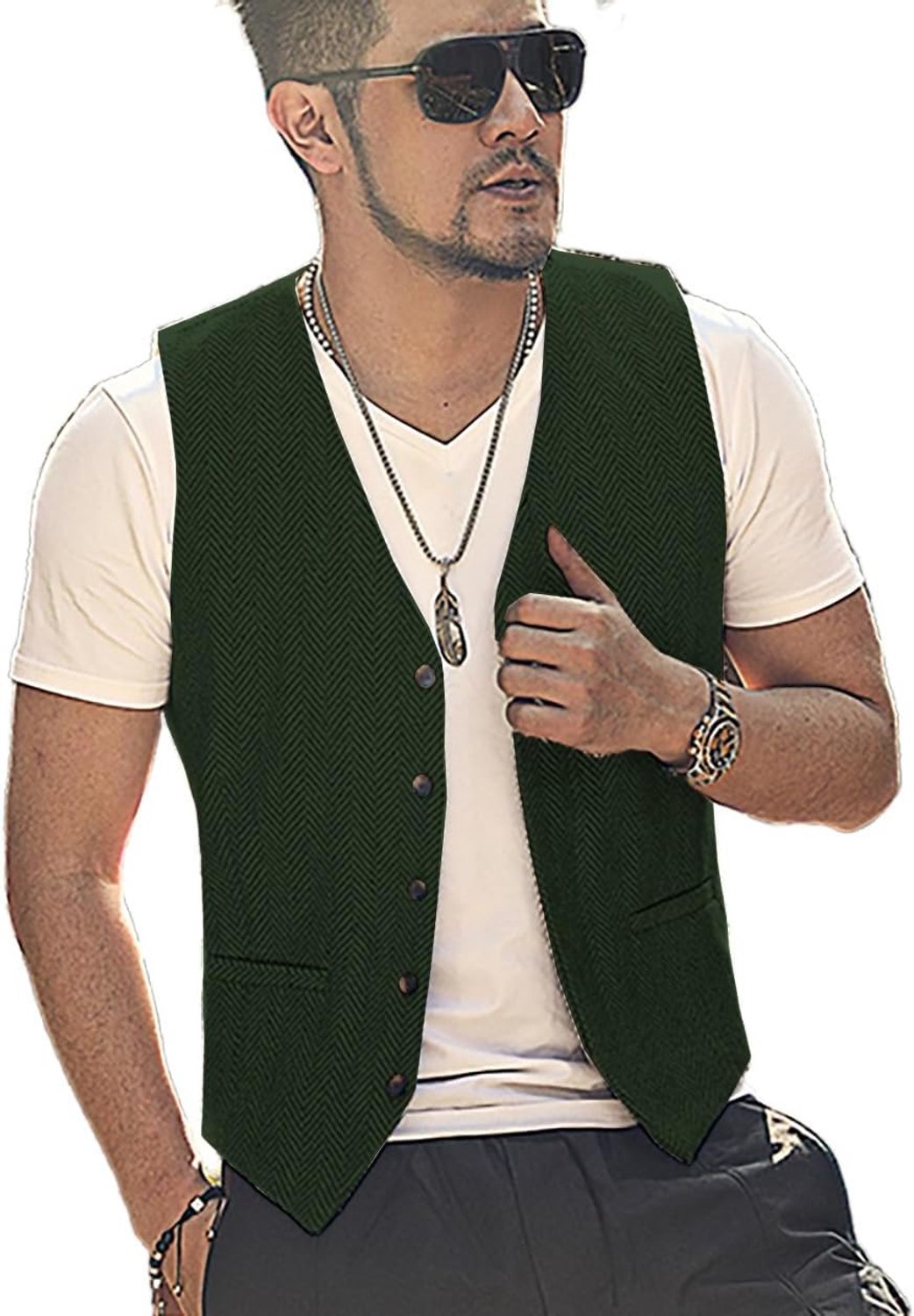Jachtvest in tweed, herringbone patroon