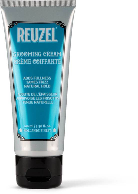 Zilveren tube Reuzel Grooming Cream met blauw etiket, 100ml, zwarte dop.