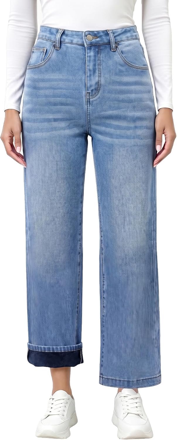 Fleece gevoerde jeans, hoge taille, wijd, met zakken