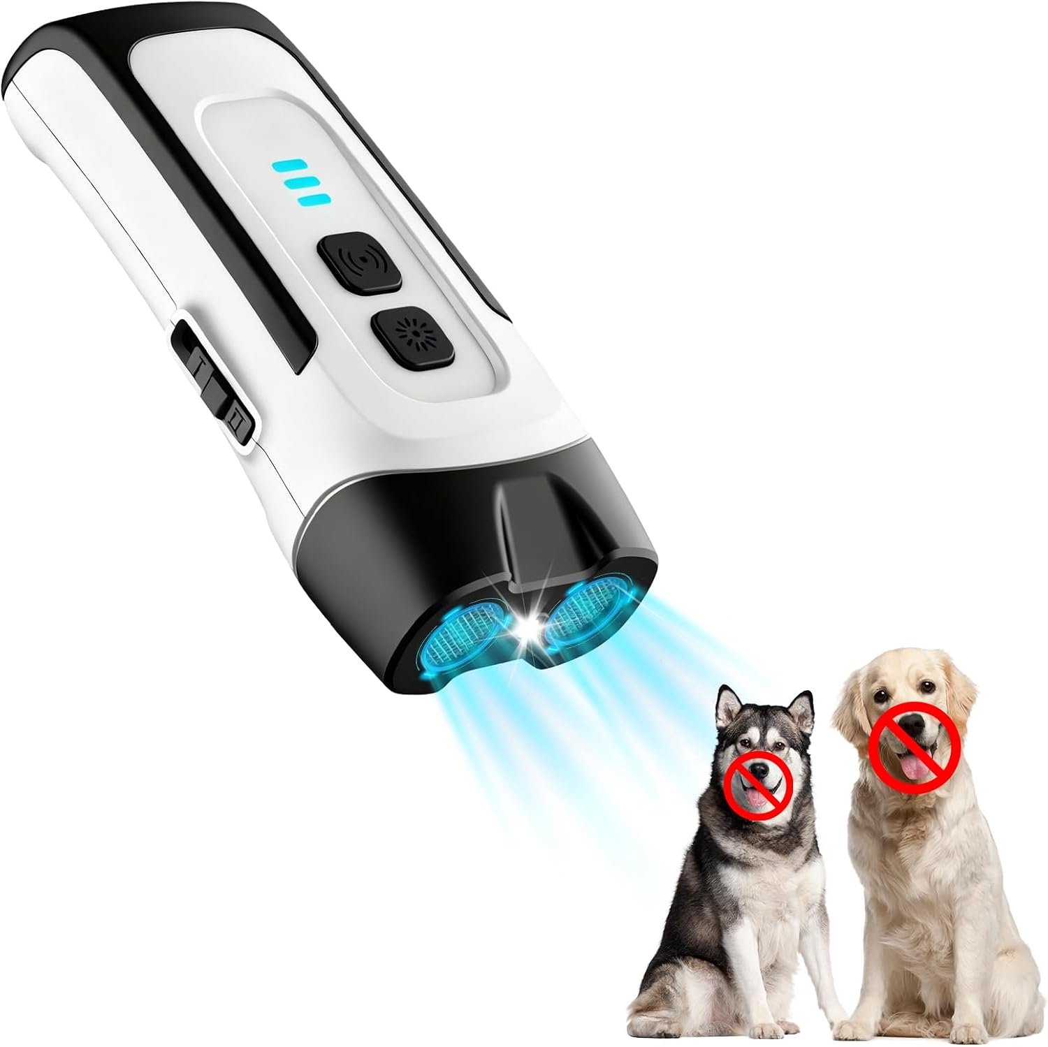 Anti-blafapparaat voor honden, herlaadbaar, 2 ultrasone zenders, krachtig voor binnen en buiten, met flitser