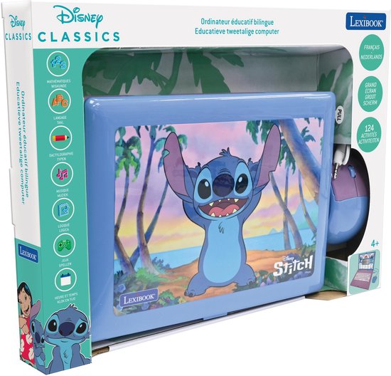 Verpakkingsdoos voor een Lexibook tweetalige educatieve computer met Disney Stitch-thema en 124 activiteiten.