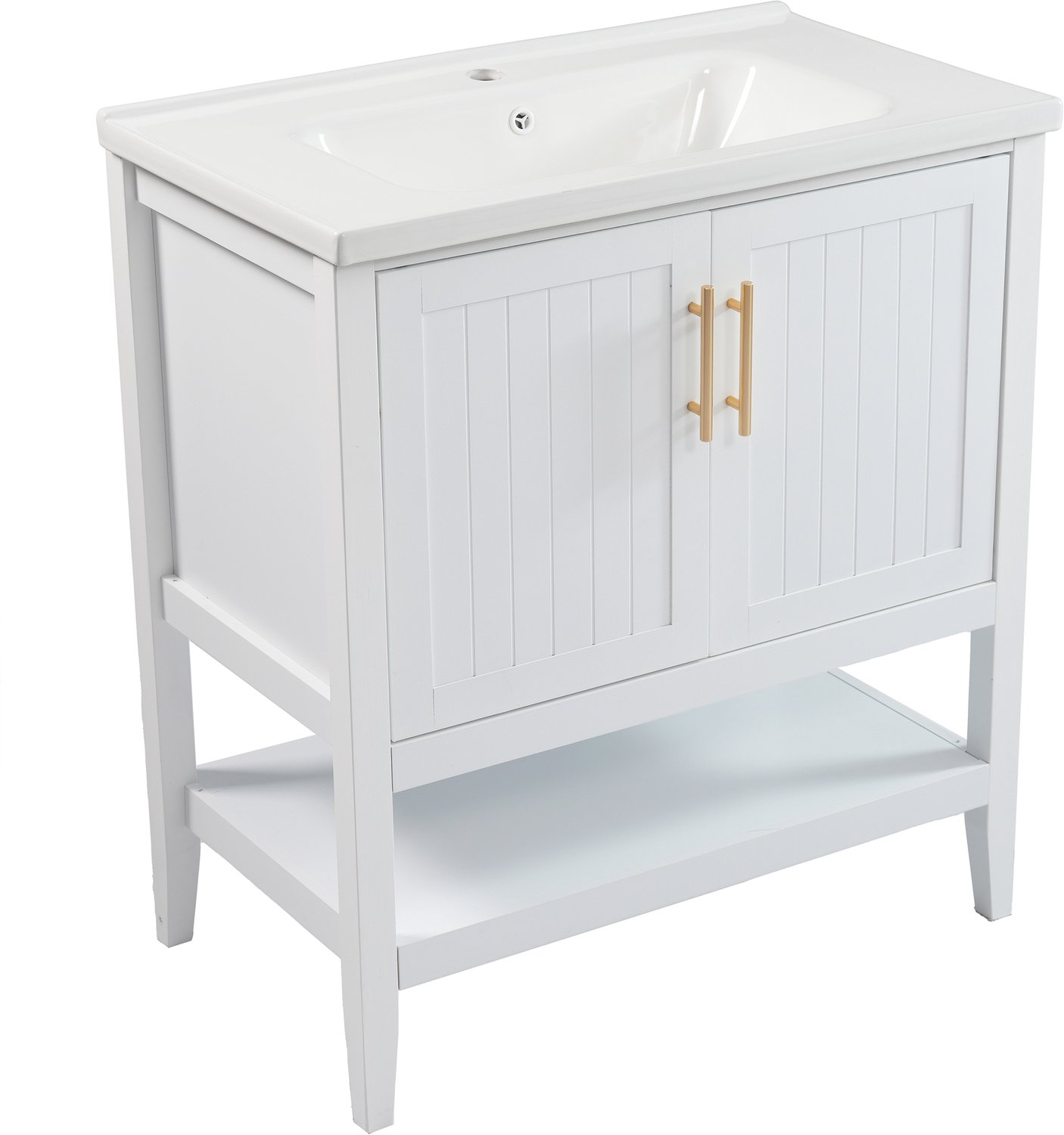 Wastafelmeubel Met Keramische Wastafel 80 cm - Wit Staand Badkamermeubel Met 2 Deuren En Open Opbergruimte - MDF - Voor Badkamer