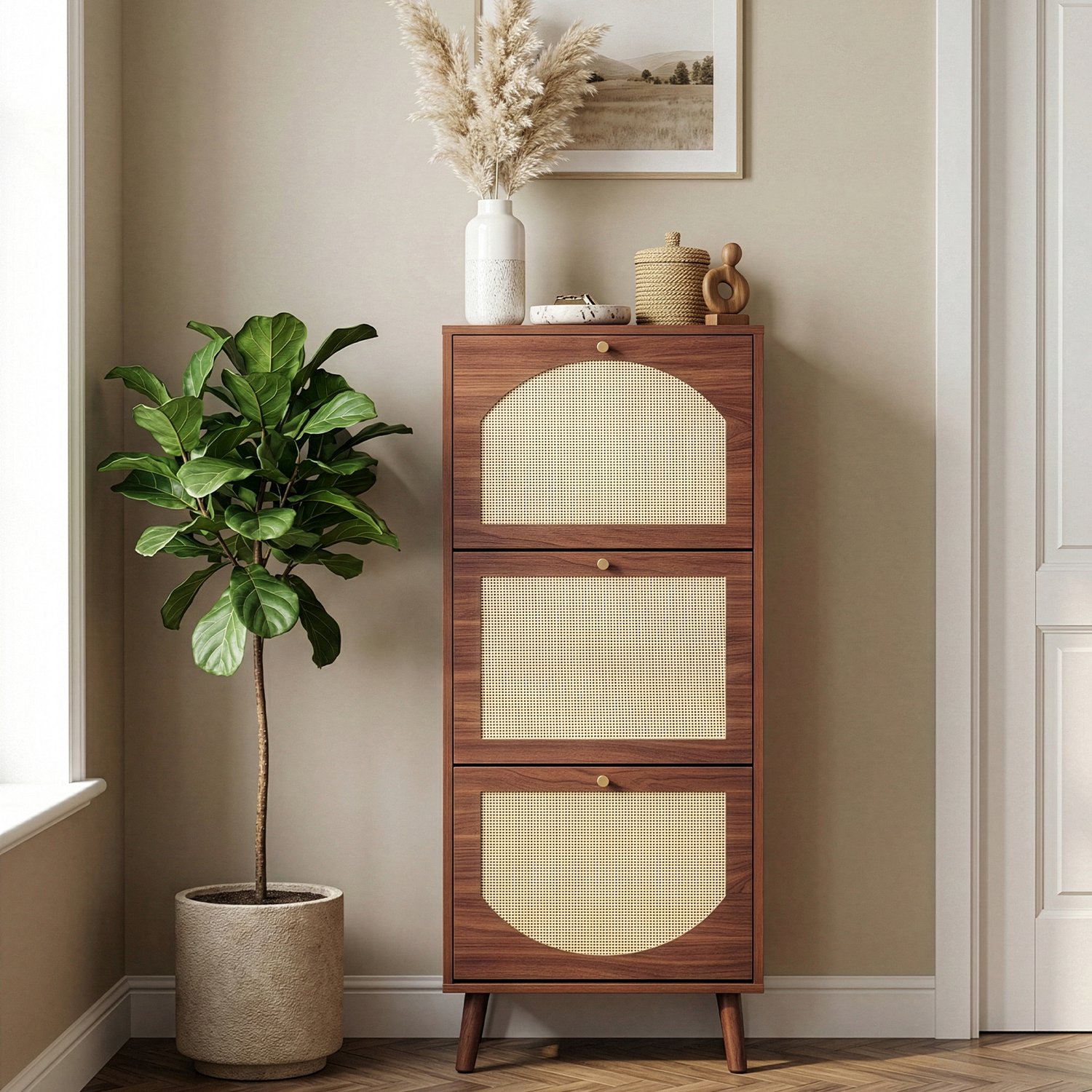 LEADZM Schoenenkast met 3 deuren - Bruin - 54 x 24 x 135 cm - rotan, hoge poten, met lade