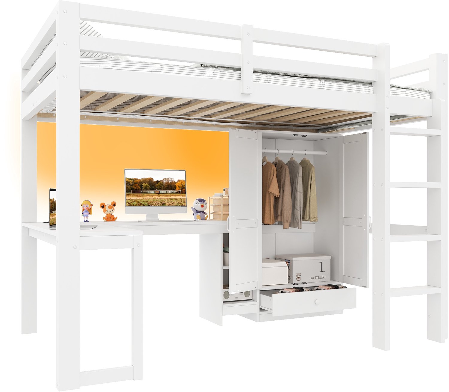 Merax Hoogslapend bed 90x200 cm - met bureau - planken - kast - USB-poort en LED - wit