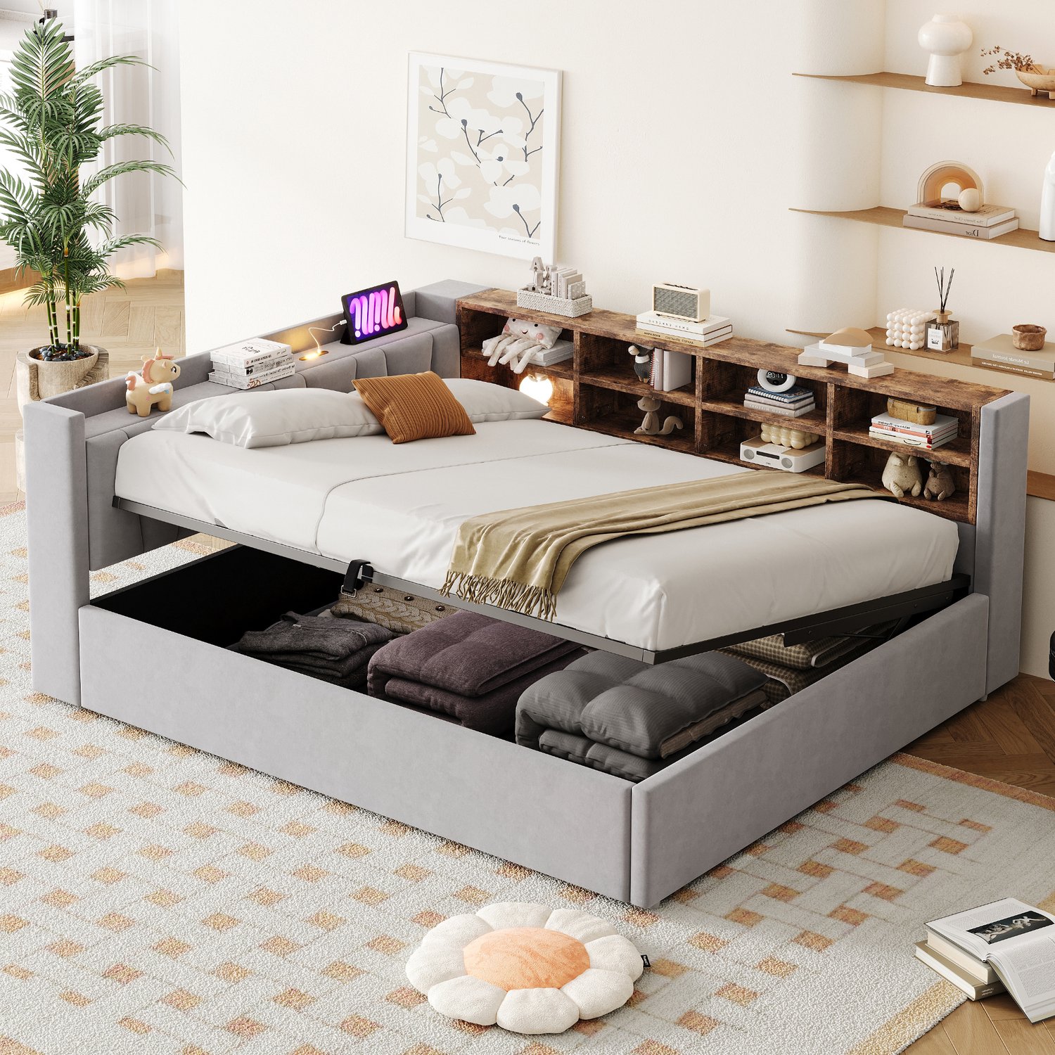 OOIILLEE Gepolsterd bed Slaapbank 140*200 cm, Met hydraulische opbergruimte, Met nachtlampje, USB- en Type-C-oplaadpoort, Met legplanken en opbergvakken, Gepolsterd hoofdeinde, Multifunctioneel bed Fluweelstof Lichtgrijs