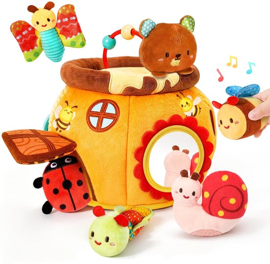 Zachte pluche honingpot met knuffeldieren zoals een lieveheersbeestje, slak, vlinder en bij voor baby's.
