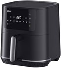 Zwarte Braun MultiFry 5 airfryer met digitaal display, touch-knoppen en zilverkleurige handgreep.