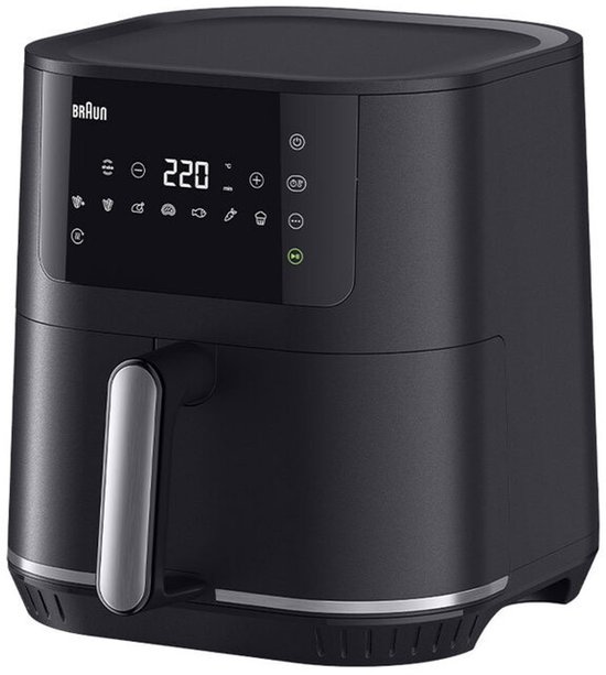 Zwarte Braun MultiFry 5 airfryer met digitaal display, touch-knoppen en zilverkleurige handgreep.