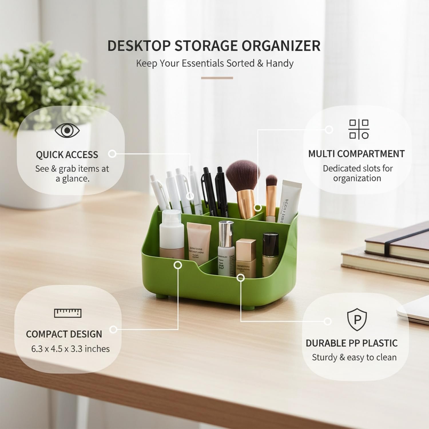 Bureau-opbergdoos met vakken, compacte organizer van PP-kunststof voor pennen, make-up en kantoorbenodigdheden, 6,3 x 4,5 x 3,3 inch