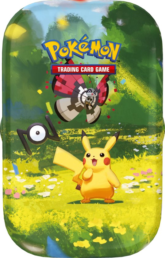 Pokémon TCG Mini Tin met Pikachu, Unown en Vivillon, tegen een achtergrond van een bloemenveld.