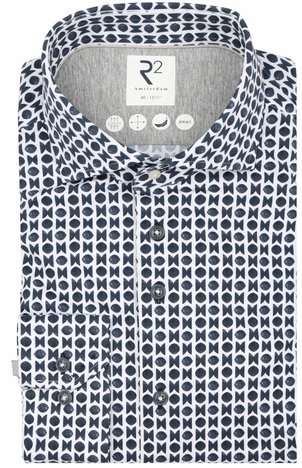 R2 Overhemd Single Jersey Print Donkerblauw (navy) - Maat 42 - Heren - Overhemden Formeel