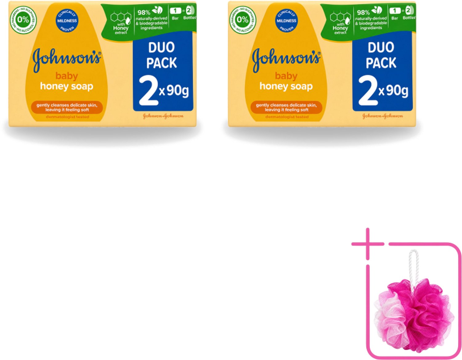 2 x Johnson's - Baby Honey Soap - Zacht - Reinigt Gevoelige Huid - 2 x 90 g - Bulkverpakking - Babyhuid reinigen - Douchemop - Honing zeep