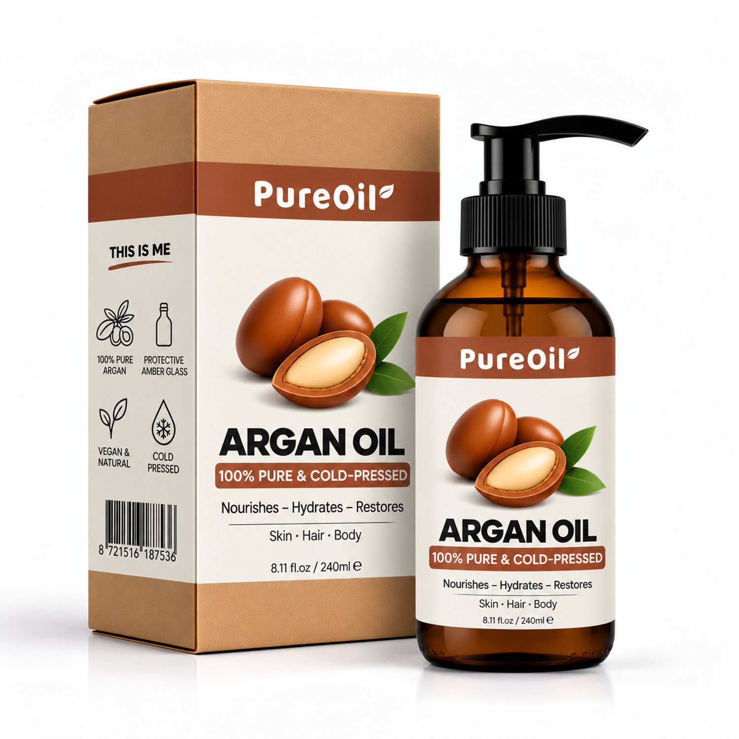 PureOil – Argan Olie – 240ml – Koudgeperst & Hexaanvrij – 100% Puur, Natuurlijk & Vegan – Arganolie Voor Haar | Huid | Gezicht | Scalp | Wimpers | Wenkbrauwen | Nagels | Massage - Haarolie - Massage Olie