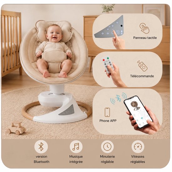 BEBE2LUXE EMY Elektrische Babyschommel en Wipstoel, 360° draaibaar, Bluetooth, afstandsbediening, 5 snelheden, tot 9 kg (beige) — afbeelding 5