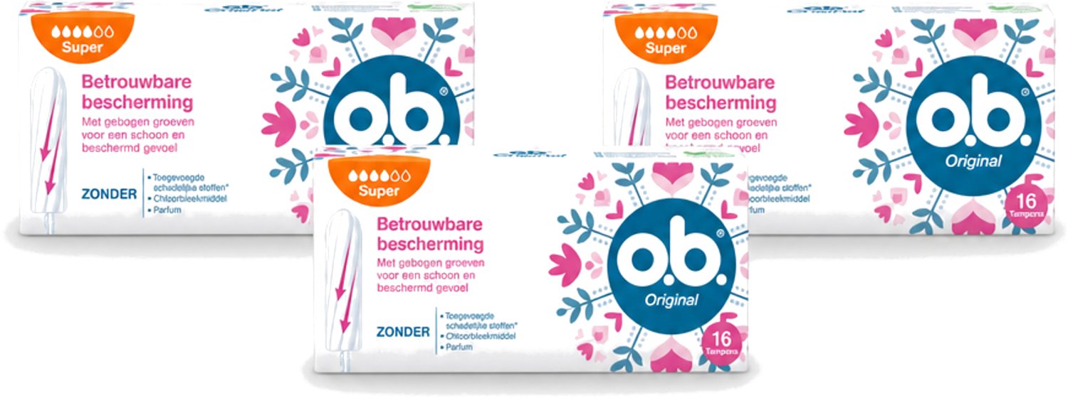 3 x o.b. Tampons - Original Super - Gebogen Groeven - Voor Betrouwbare Bescherming - 16 Tampons - Voordeelverpakking - 3 stuks